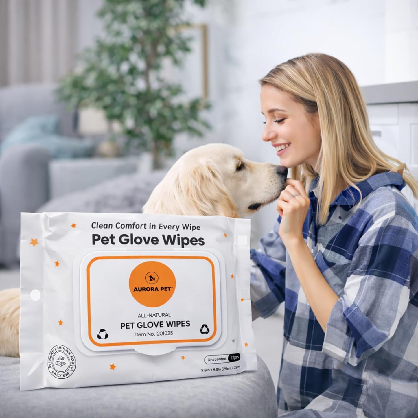 Aurora Pet Glove Wipes for Dogs & Cats, Wearable No-Rinse Grooming Glove Wipes for Paws, Face, Ears & Body, Hypoallergenic Disposable Pet Cleaning Wipes, Unscented, 24 Count