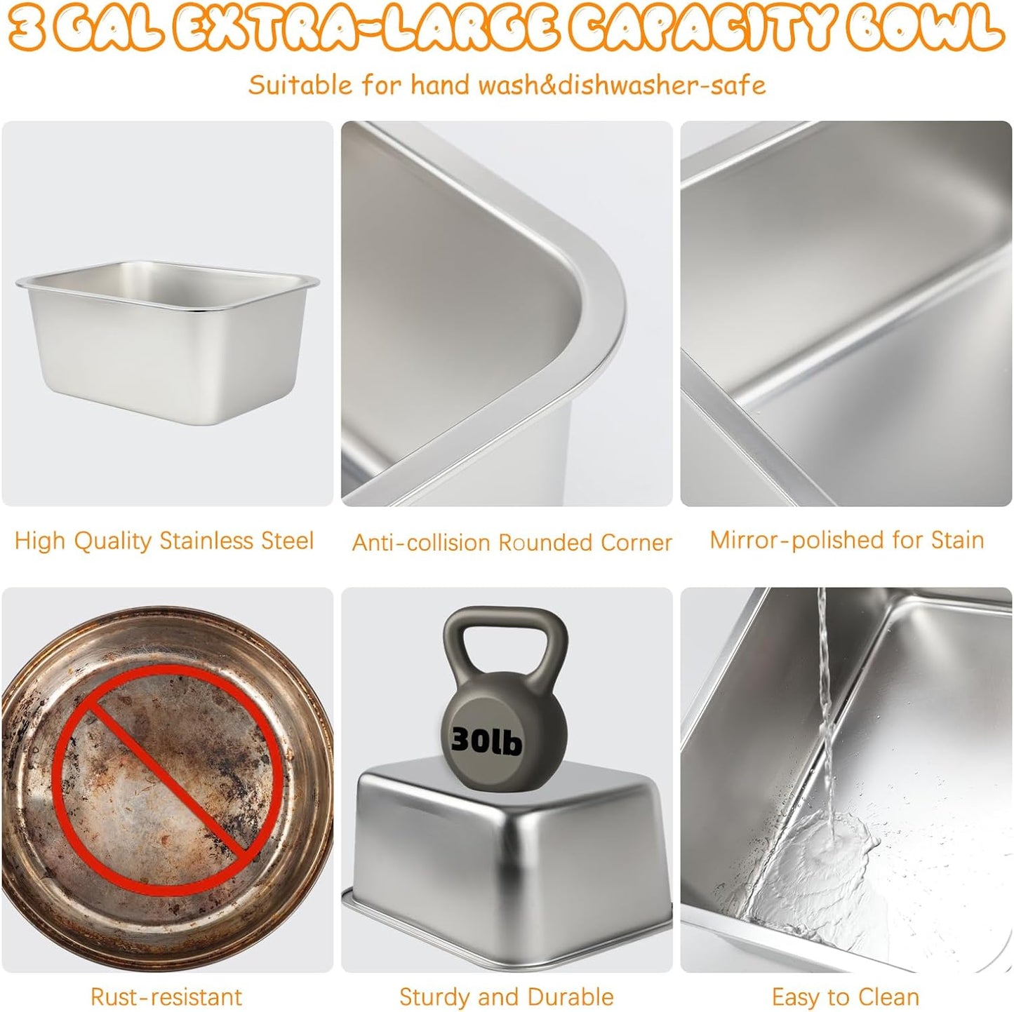 BWOGUE 3 Gal Elevated Large Dog Water Bowl, Raised Stainless Steel Bowl Stand Large Breed, 4 Height Adjustable (9", 11", 13", 15") Non-slip Dog Feeding Station for Joint Pressure Relief Indoor Outdoor
