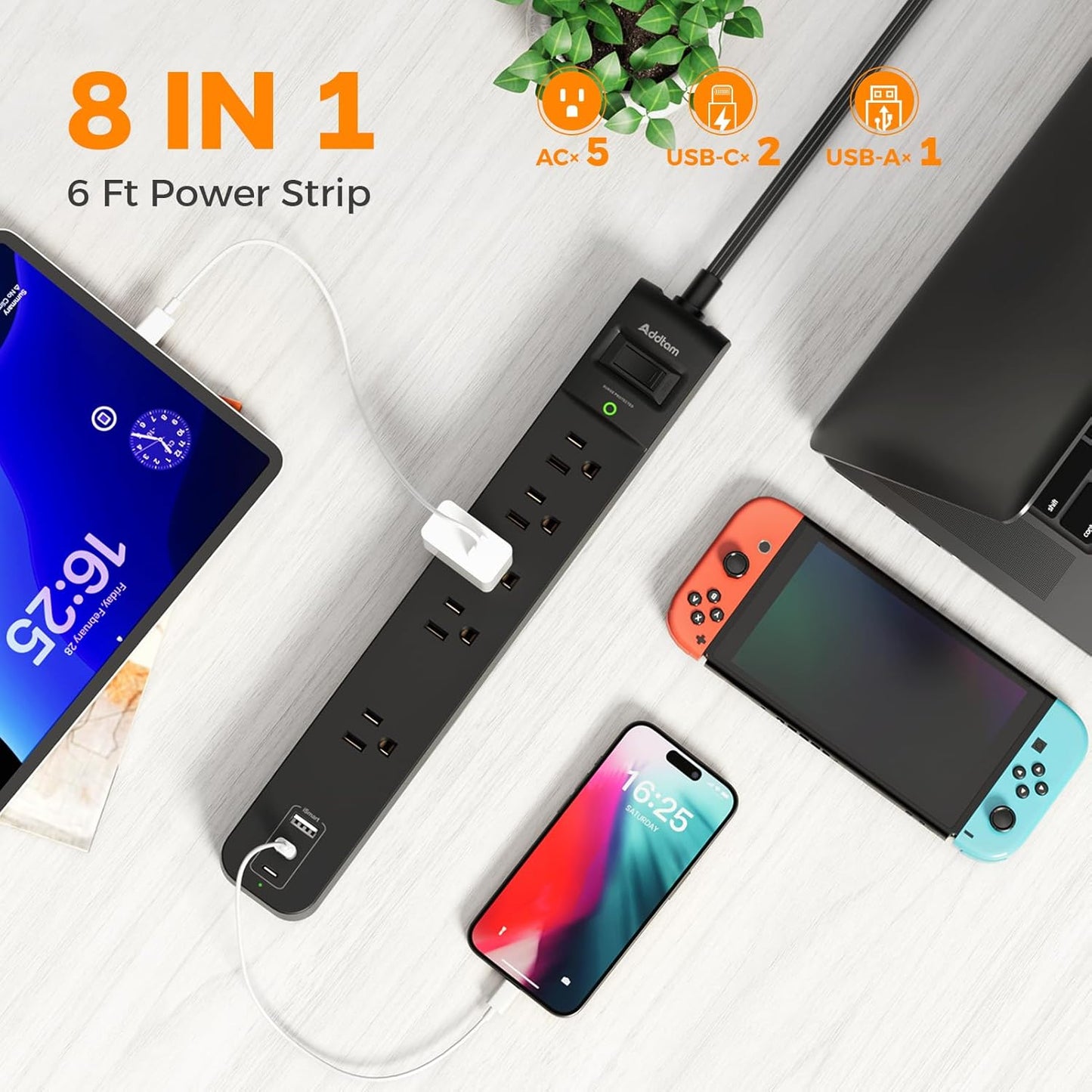 6Ft Power Strip Surge Protector - Addtam Extension Cord with 5 AC Outlets 3 USB Ports(2 USB C), 1875W/15A, Flat Plug, Outlet Extender for Home Office Supplies College Dorm Room Essentials,ETL Listed