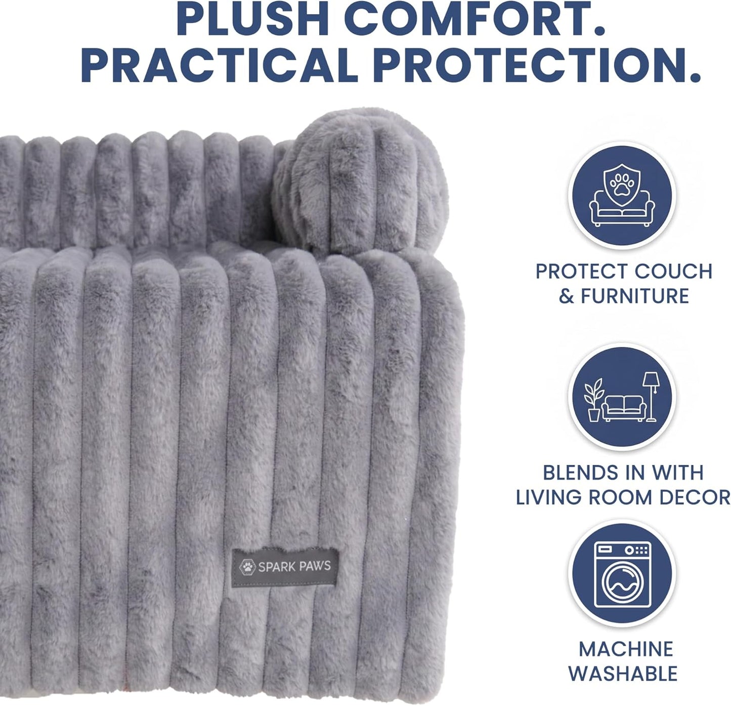 Spark Paws Luxury Dog Couch Cover Bed, Calming Pet Furniture Protector for Large & Small Dogs, Washable Bolster Dog Bed for Couch, Sofa & Bed - Grey, XL