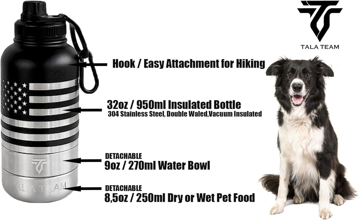 Insulated Dog Water Bottle Portable (32oz) - Dog Travel Water Bottle with a Hook for Hiking & 2 Bowls Attached. Pet Travel Accessories, Puppy Essentials, Portable Pet Dispenser.