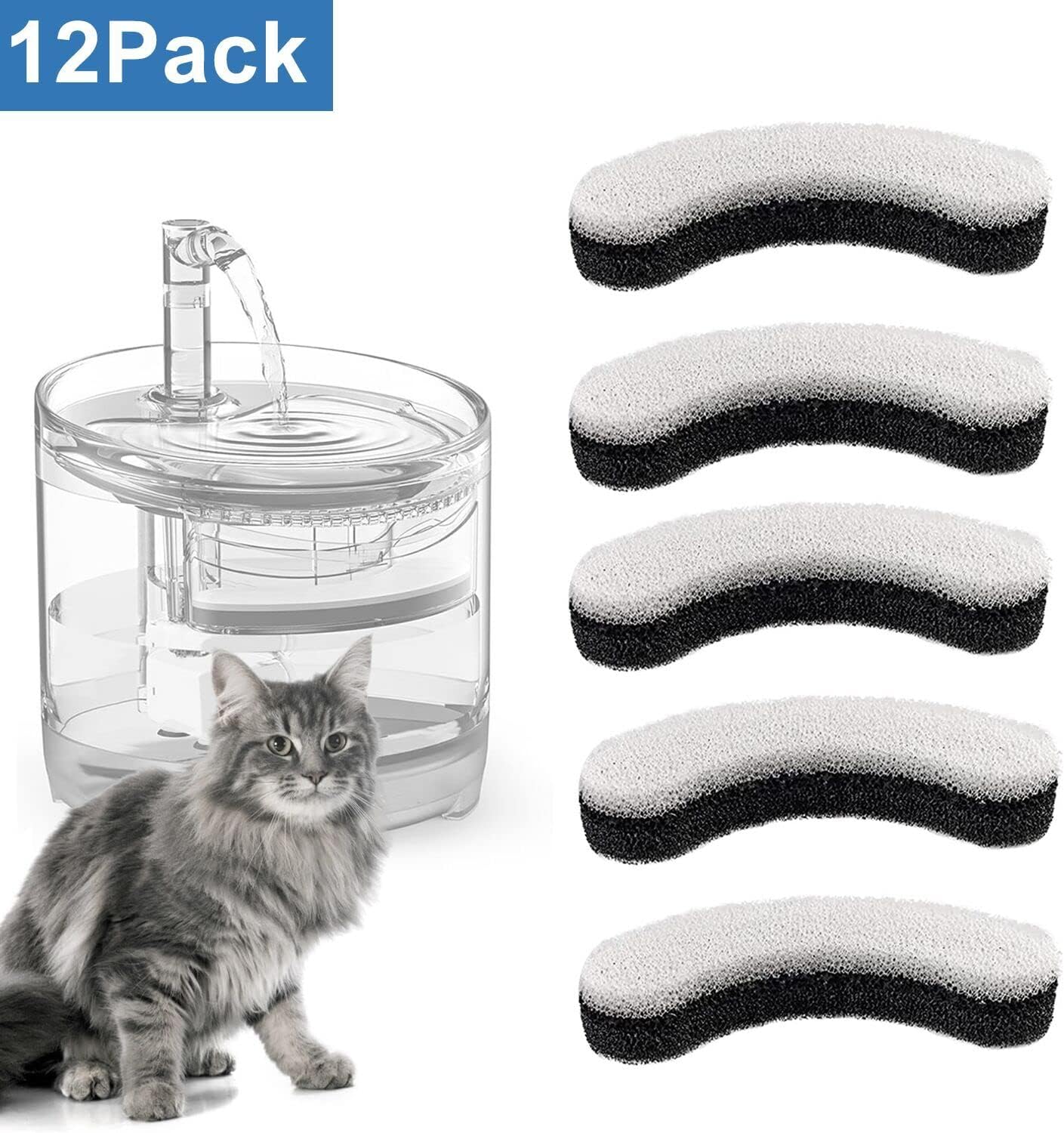 Replacement Premium Water Filter for NPET WF050 Transparent Water Fountain, Arc-Shaped, Washable Pet Fountain Filters with Triple Filtration System, 12 Pack