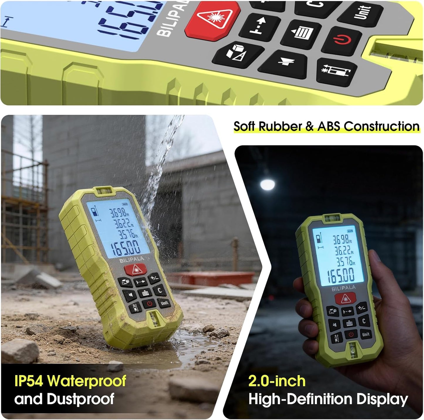 Laser Measure 229ft, Digital Laser Distance Meter with 2 Bubble Levels, 2" Backlit LCD, High Precision Laser Measuring Tool,Area Measurement,Volume and Pythagoras, Mute, Battery Included