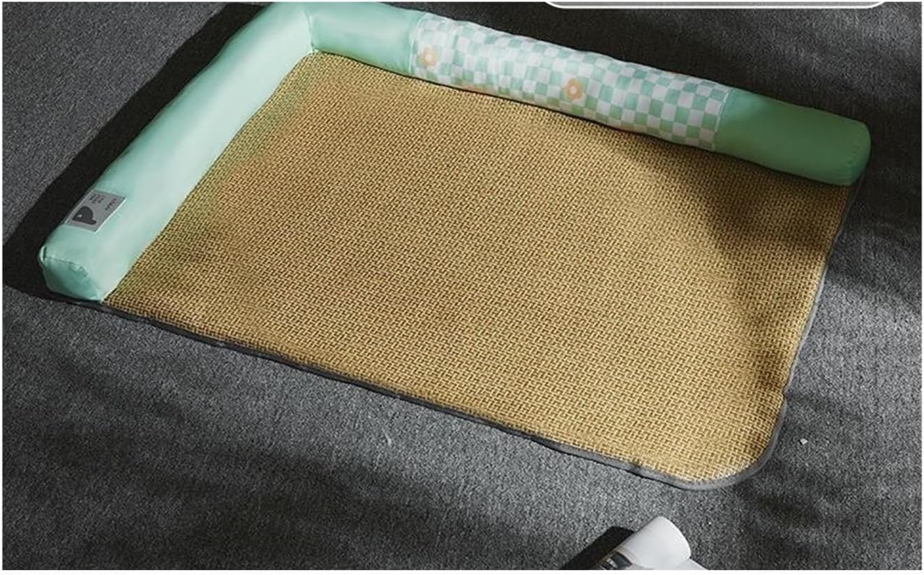 Dog Kennel, Summer Cooling den, Rattan Dog mat, cat, Thickened Sponge pet, Removable and Washable(Checkerboardgreen,M)