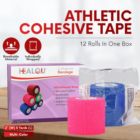 HEALQU Self Adhesive Bandage Wrap – 12 Rolls 2in x 5yd Cohesive Tape for Athletic and Sports - Self Adherent Medical Tape, Flexible, Elastic Bandages Multicolor for Wrist & Ankle Vet Wrap for Dogs