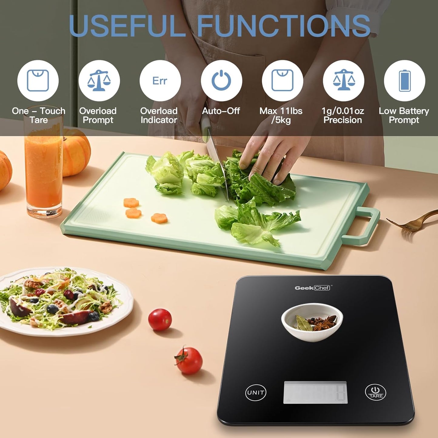 Geek Chef Digital Scale with App, Scale for Food Weight, Smart Food Nutrition Scale, Digital Kitchen Scales, Cooking Tool of Kitchen,1 lb/oz Black Glass
