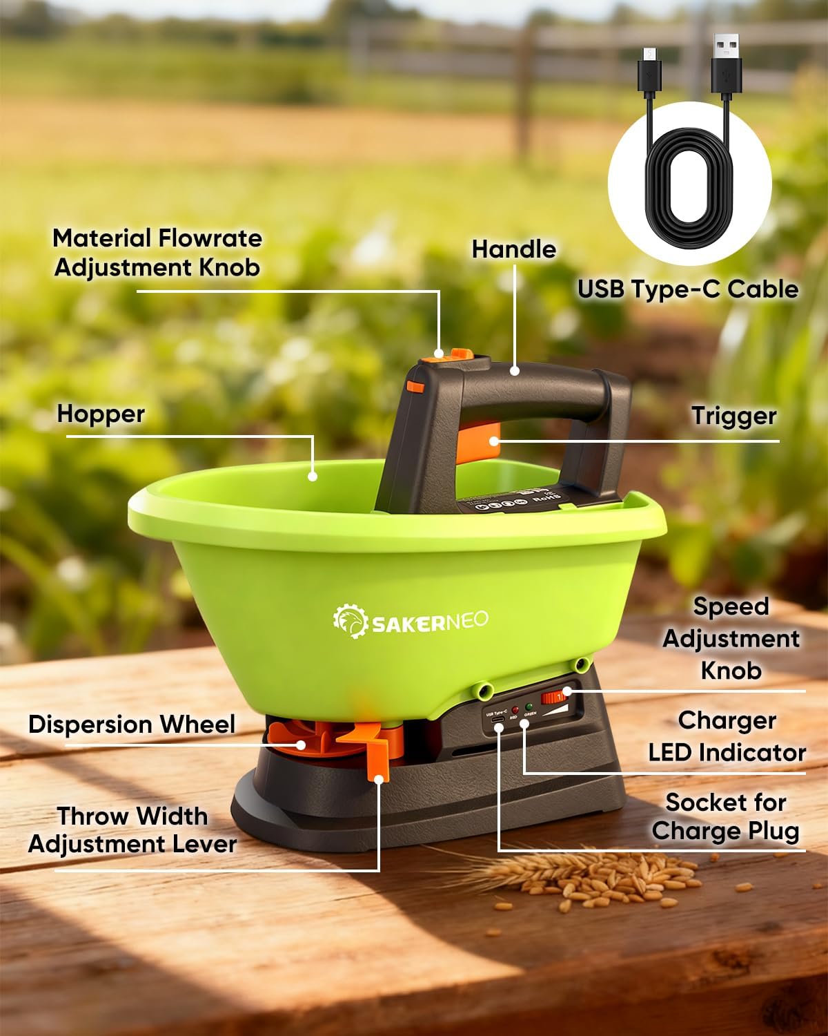 Handheld Lawn Spreader - 7.2V Battery Powered Seed & 135° Fertilizer Spreader, 3L Large Capacity for 6400 Sq.Ft, 7 Settings & 5 Angles, Rechargeable Grass Seeder for Even Lawn Care