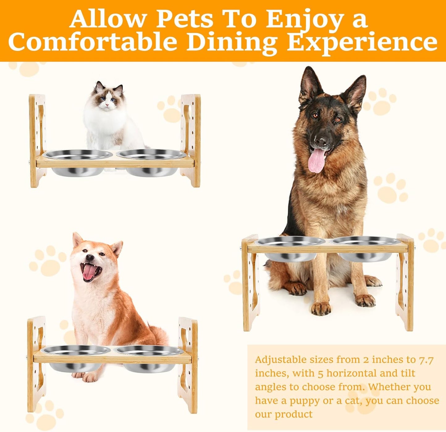 Elevated Dog Bowls - Flexible Adjustable Dog Bowl Stand for Small Medium Dogs & Cats | 6'' Diameter Double Bowls & Non-Slip Foot Pads & Removable Stand