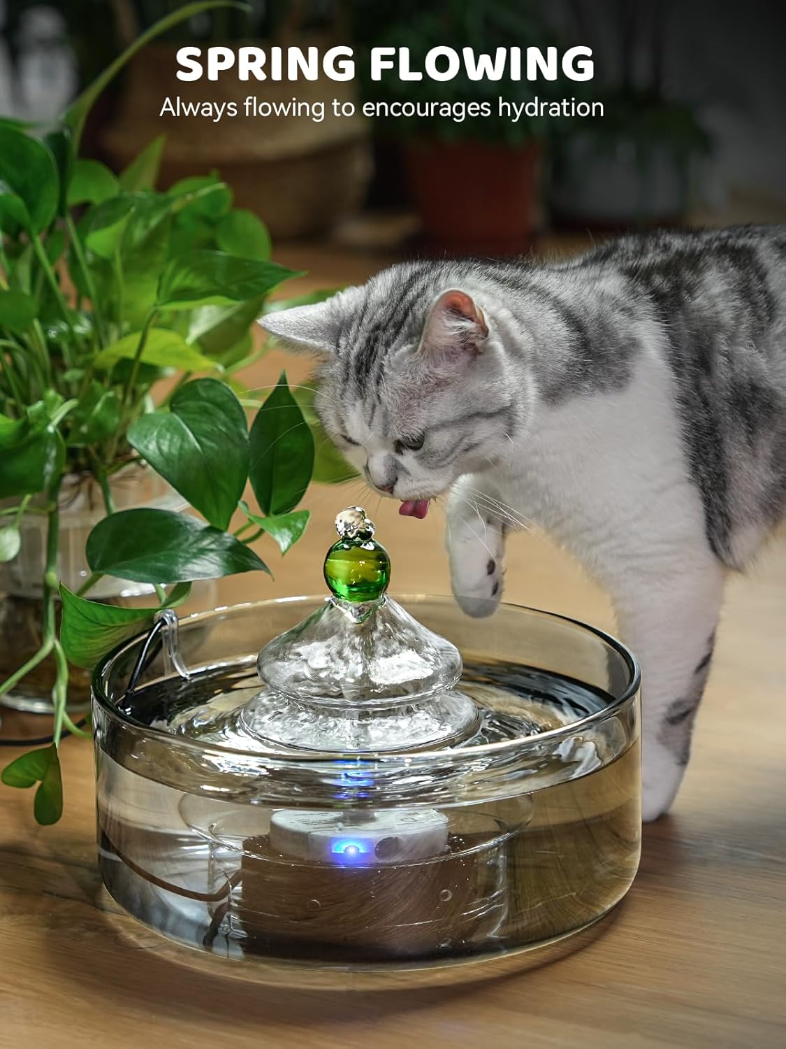 All-Glass Cat Water Fountain, 3.2L/108oz Glass Pet Fountain with LED Light, Automatic Water Dispenser for Cats (Grey)