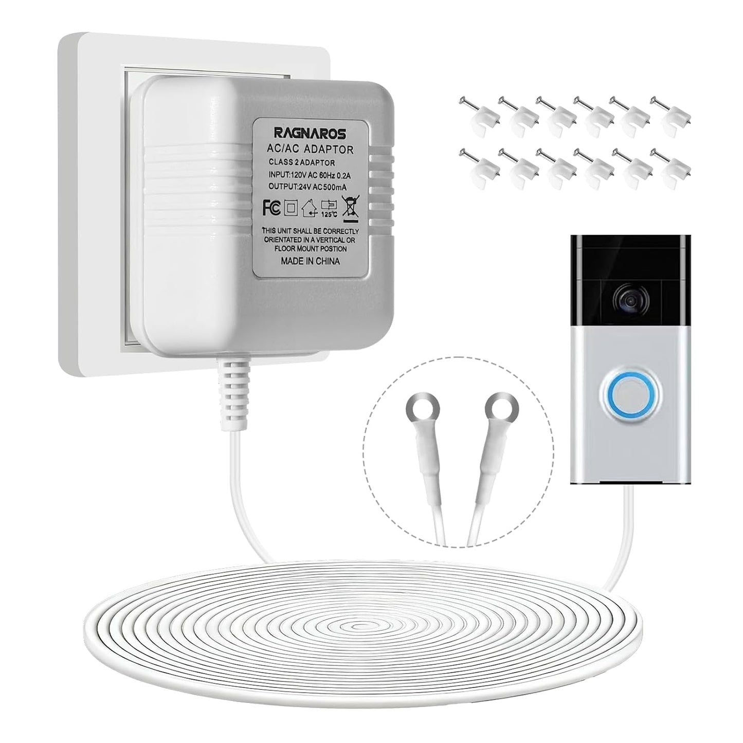 24V AC Doorbell Transformer - 18ft Long Cable Adapter, Universal Compatible with All Ring Doorbells (Pro 1/2, 3, 4, Plus), Nest, Eufy, Wyze - C Wire Thermostat Power Supply