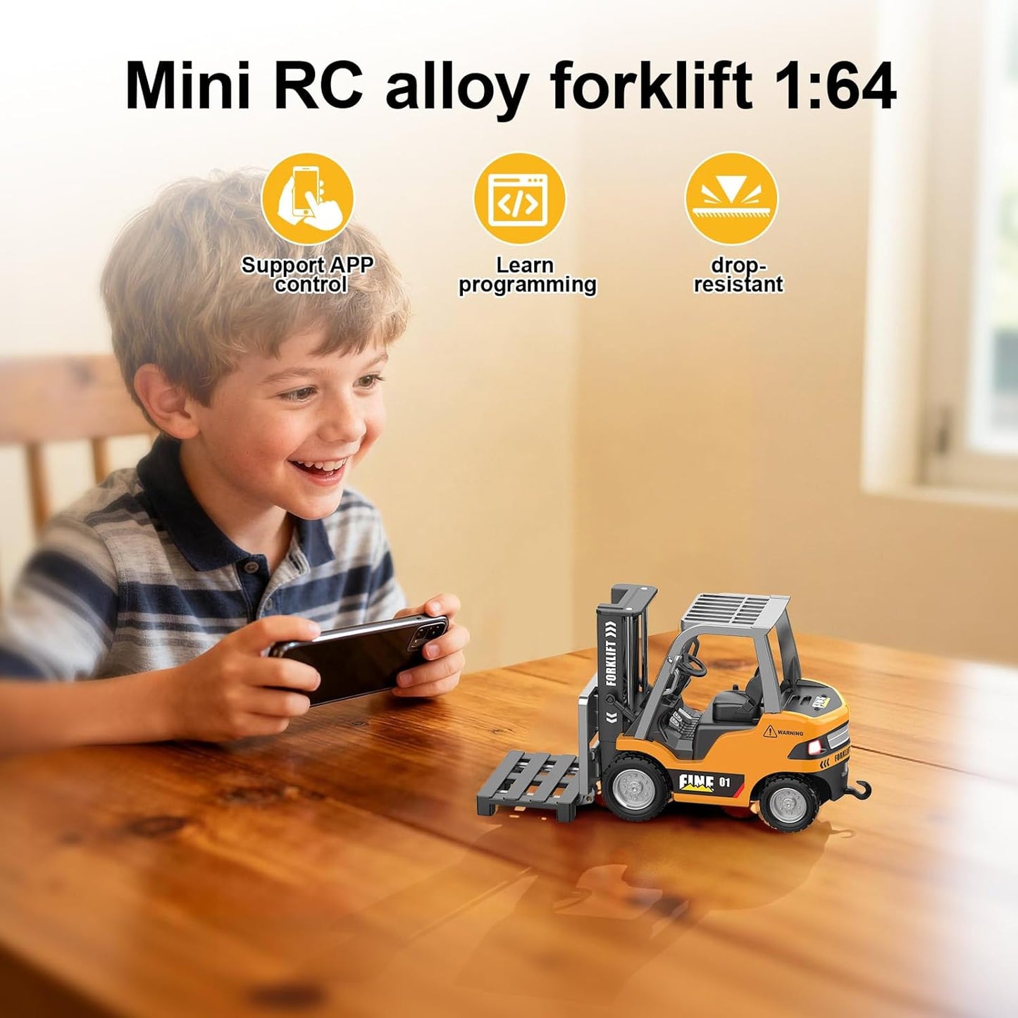 mini RC Forklift Toy - 1:64 Alloy Remote Control Crane with Liftable Forks,STEM Educational Construction Vehicle for Kids Age 6-12,Christmas Birthday Gift(mini Forklift)
