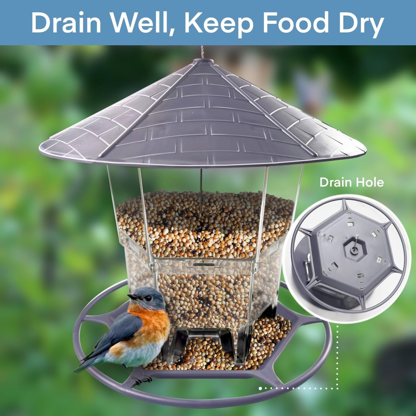 Bird Feeders for Outside, Adjustable Feeder with Sturdy Wire and Roof, Plastic Birds Feeder for Garden, Backyard, Terrace