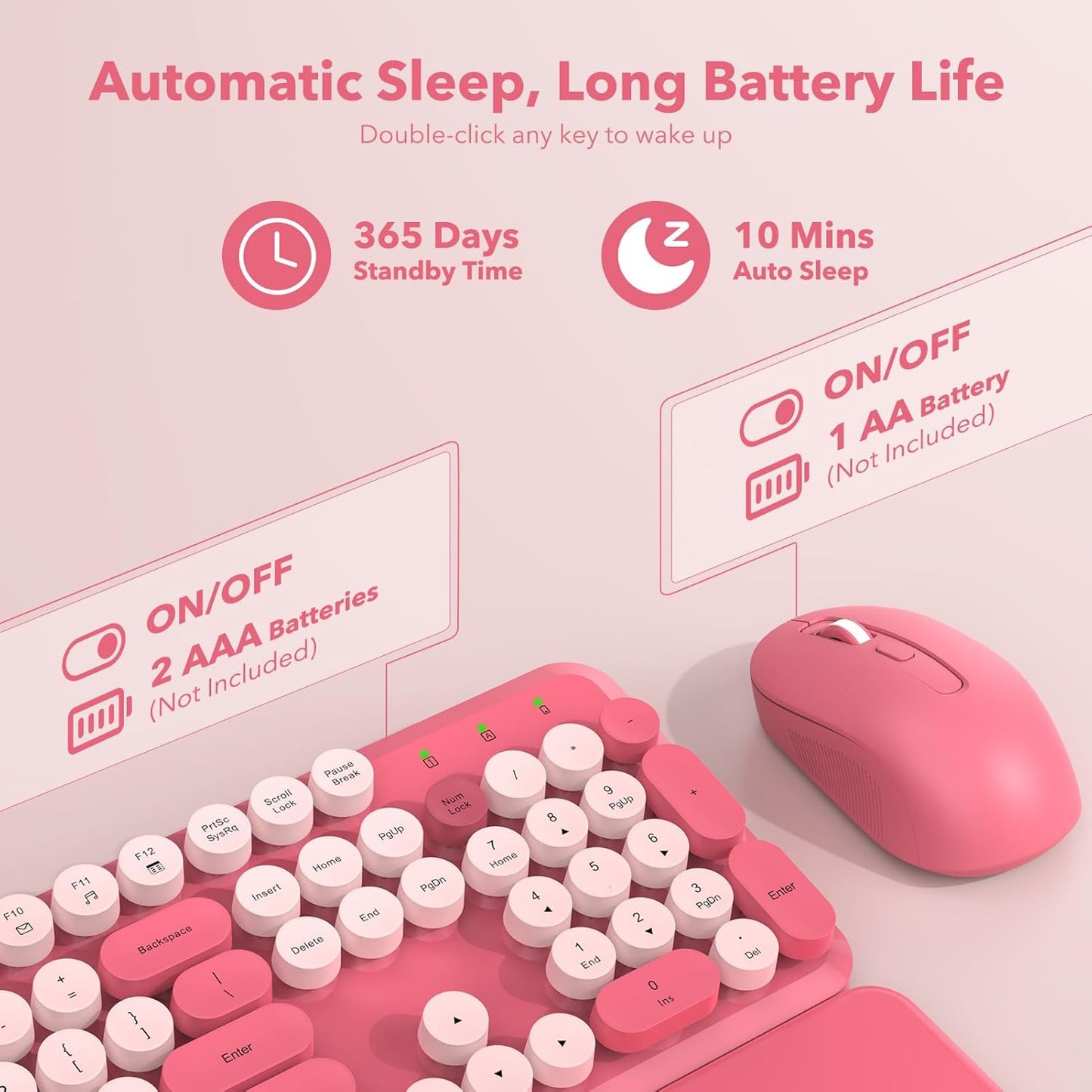 Wireless Keyboard and Mouse Combo, Cute Hot Pink Full-Size Retro Typewriter Keyboard with Round Keycaps, Magnetic Wrist Rest, Tilt Legs, 2.4GHz Cordless for Mac, Windows PC, Laptop, SABLUTE CK23