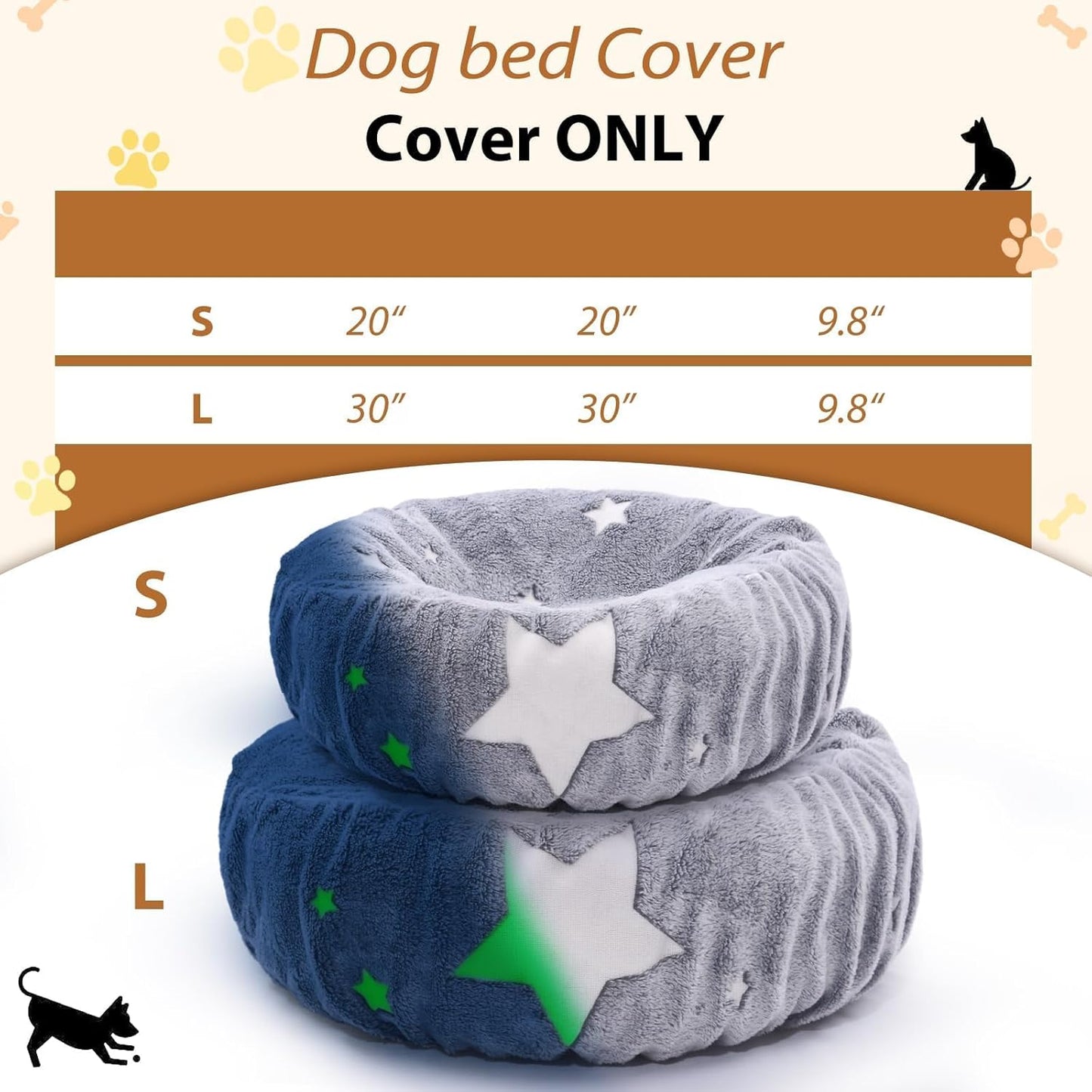 Dog Bed Covers Replacement Washable with Glow in The Dark Gray Star Pattern - Soft Velvety Fabric Protector with Elastic Edges for Small & Medium Dog Beds, 30" x 9.8"