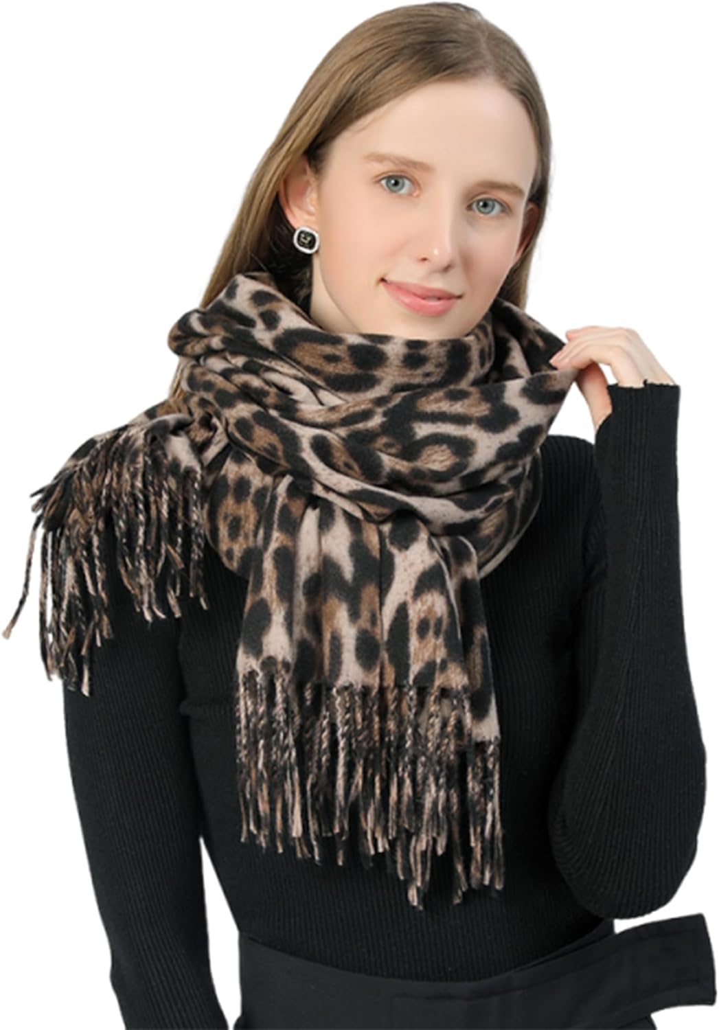Women's Leopard-Print-Winter-Scarf Soft Cashmere Feels Warm-Shawl Scarves Long Blanket Wraps