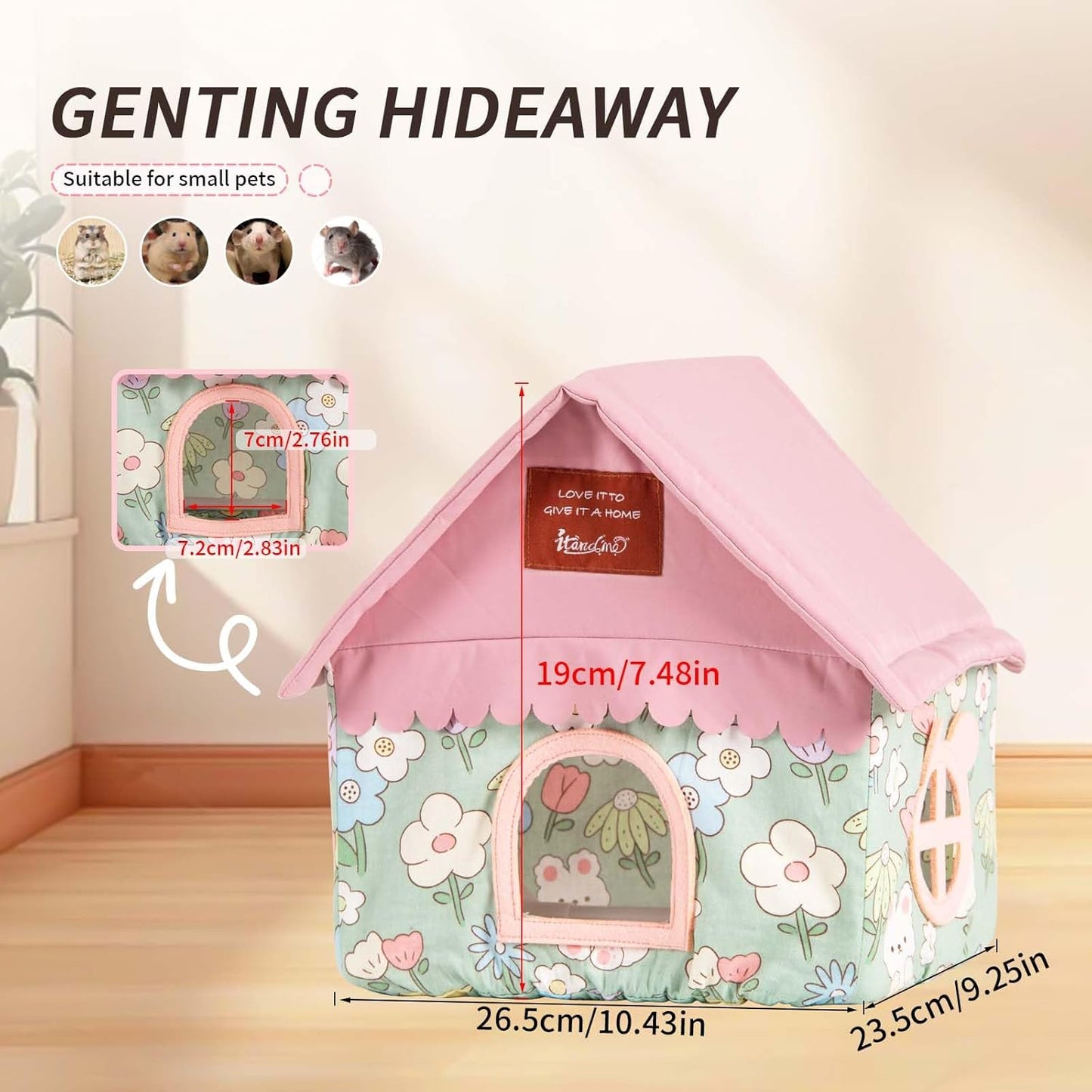 Hamster Hideout Hamster House & Rat Hideout with Removable Bracket, Breathable Small Animal Bed for Hamsters, Golden Bears - Easy Clean, No Bottom Design, 10.43” L x 9.25” W x 7.48” H (Pink)