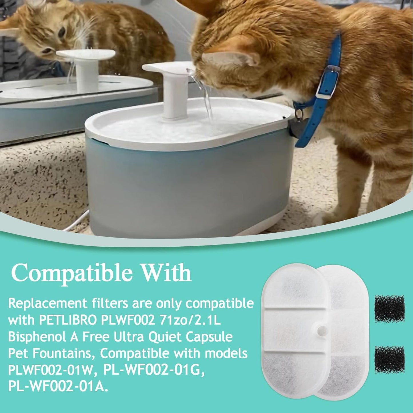 Cat Water Fountain Replacement Filters Compatible with PETLIBRO PLWF002-71oz/2.1L Capsule Pet Fountain, Dog Dispenser Replacement Filter Set with Sponges