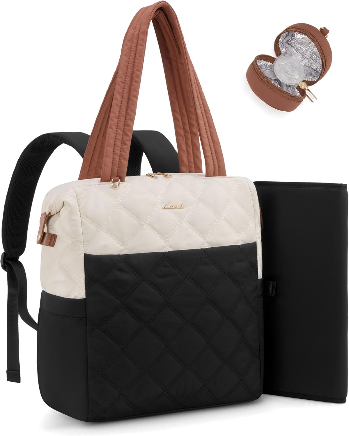 LOVEVOOK Diaper Bag Backpack,Diaper Bag Tote for Mom Dad with Changing Pad,Insulated Pockets, Convertible Mom Backpack with Pacifier Case（Black & Brown）