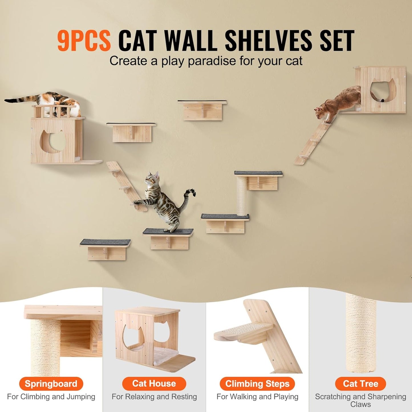 VEVOR Wall Mounted Cat Shelves, Cat Wall Shelves and Perches with Jumping Boards, Cat Beds, Hammocks & Cat Tree, Cat Furniture and Shelves up to 40 lbs for Sleeping, Playing, Climbing, Set of 9