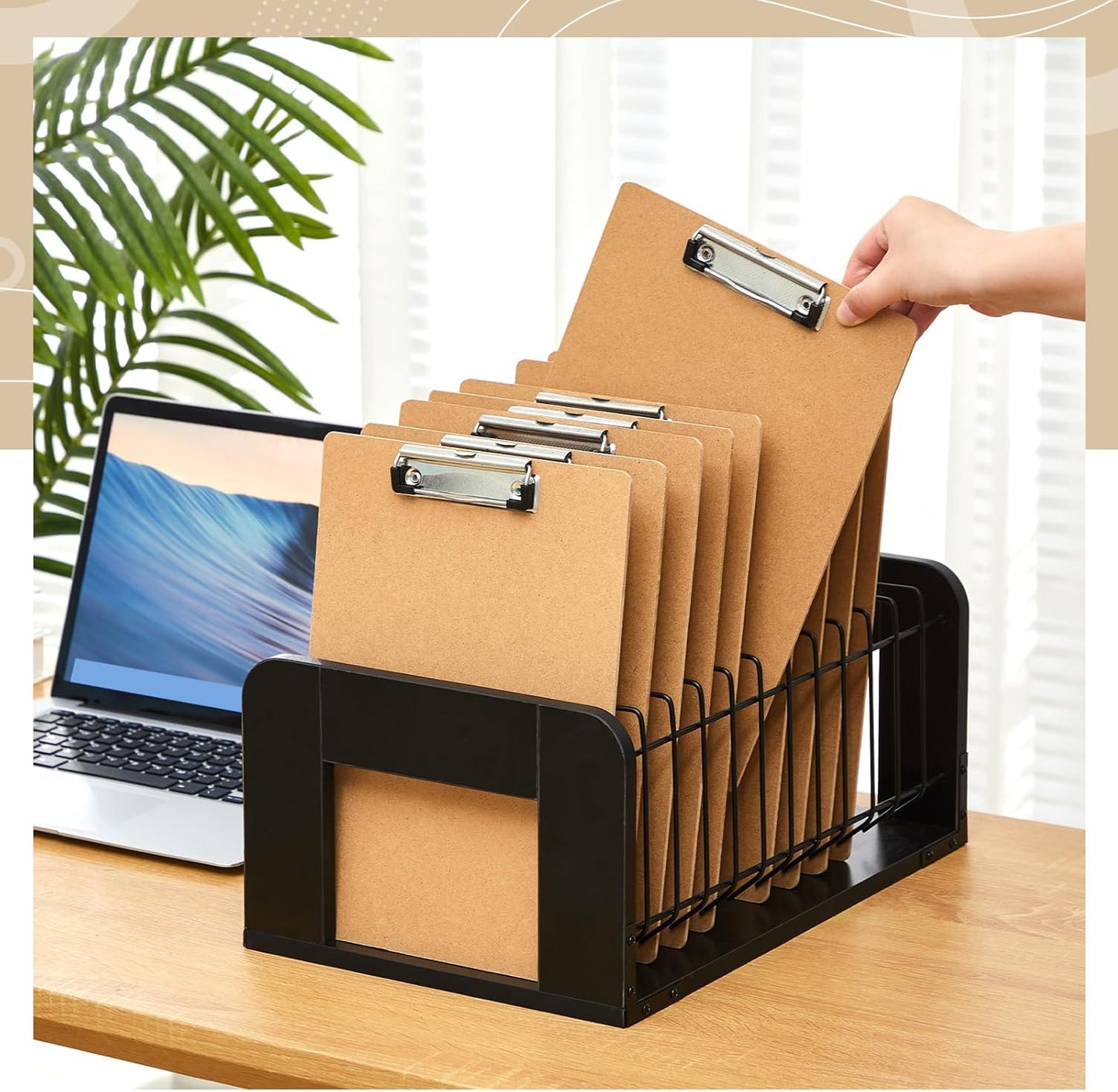 Yookeer 1 Pcs Vertical Clipboard Holder, Desk File Organizer Storage Rack, 12 Slot Wooden and Metal Clipboard Organizer, Storage Stand Rack for Home, Office, No Assembly Required (Black)