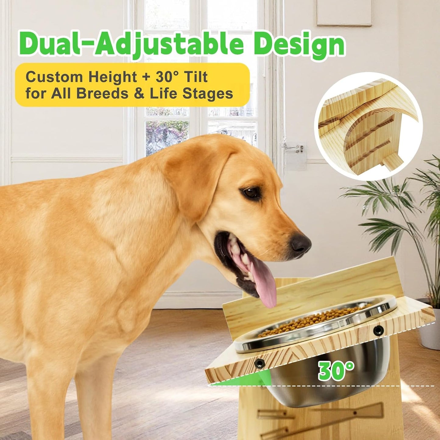 Premium All-Solid Wood Elevated Dog Bowls Stand with 2 Reinforced 48oz 304 Stainless Steel Bowls, 6 Adjustment Modes (Three Heights + 30° Tilt), Food Grade Varnish Stable Raised Dog Bowl