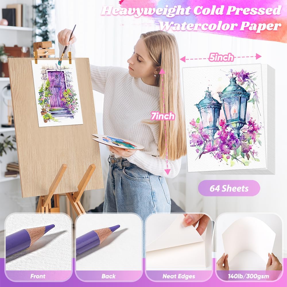 64 Sheets Watercolor Paper, 5"x7" Water Color Paper, 140lb/300gsm Artist Sketch Easel Acrylic Painting Loose Drawing Paper Bulk, Art Supplies for Kids Child Adults, Watercolors, Watercolor Paint Set