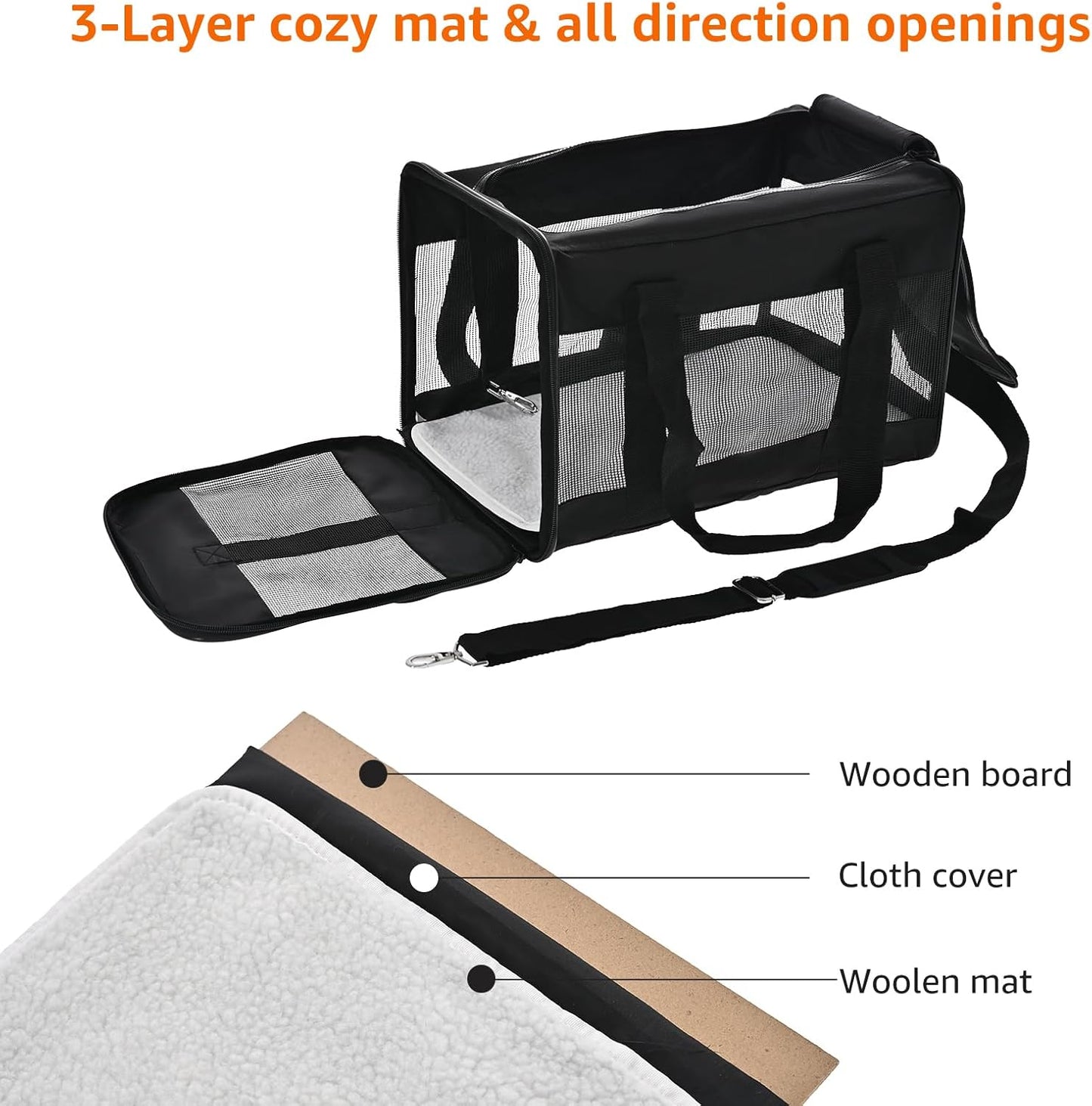 Amazon Basics Airline Approved Soft-Sided Mesh Pet Travel Carrier with Shoulder Strap, Removable Washable Fleece Pad, Top Opening, Ventilation for Dog, Cat, up to 22 pounds, 19.7Lx12Wx12H in., Black