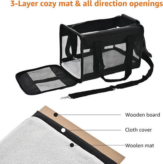 Amazon Basics Airline Approved Soft-Sided Mesh Pet Travel Carrier with Shoulder Strap, Removable Washable Fleece Pad, Top Opening, Ventilation for Dog, Cat, up to 22 pounds, 19.7Lx12Wx12H in., Black
