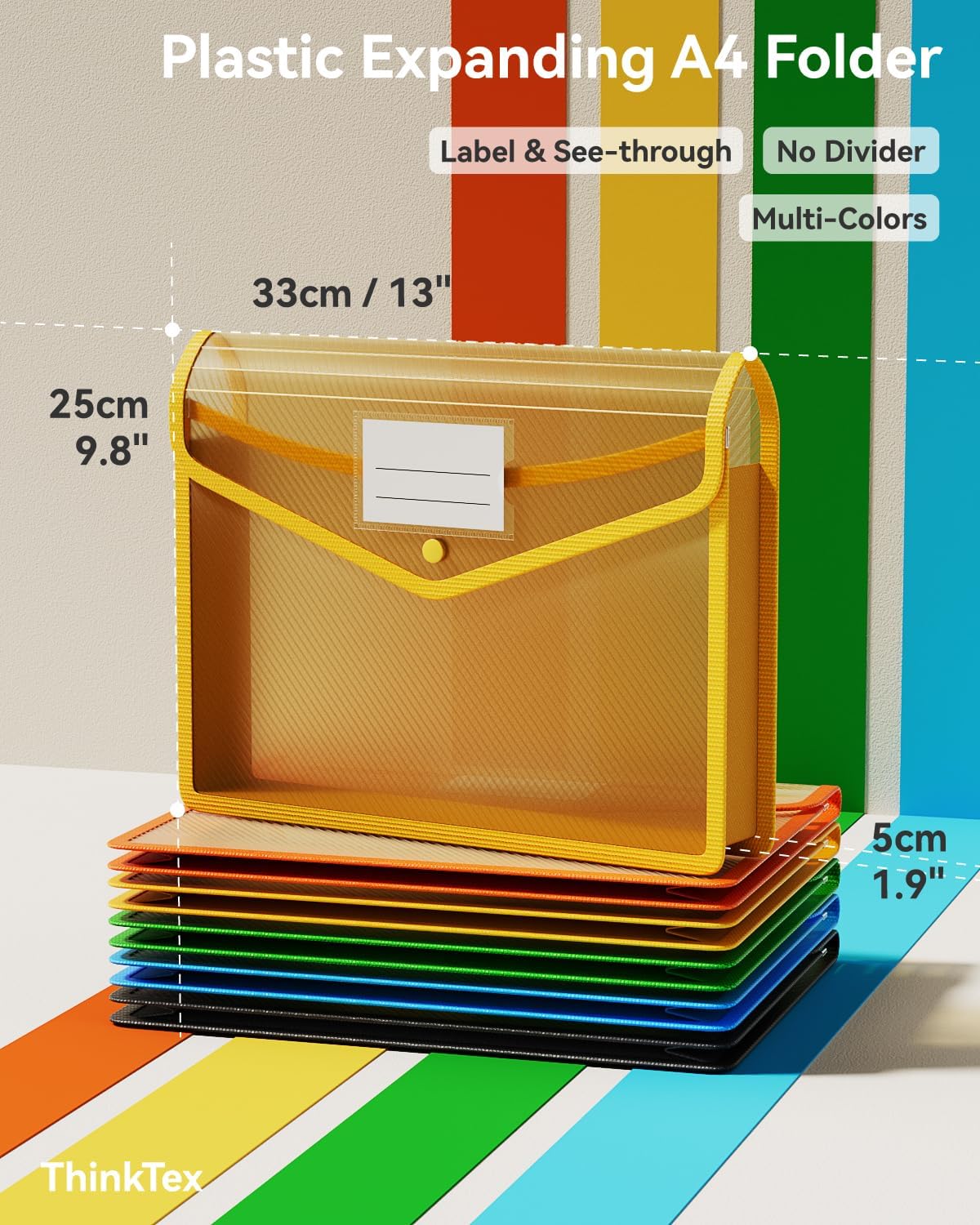 ThinkTex Plastic Expanding File Folder, Transparent Envelopes with Snap Closure, No Dividers, Large Capacity, Assorted Colors, Fits Letter / A4 Size - 5 Pack