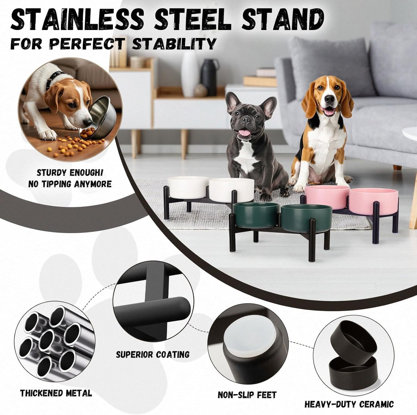 Raised Ceramic Dog Bowl Set - Elevated Double Dishes with Stainless Steel Stand - Food and Water Bowls for Small to Medium Dogs - Each Holds 2 Cups (28.75 fl oz) - White