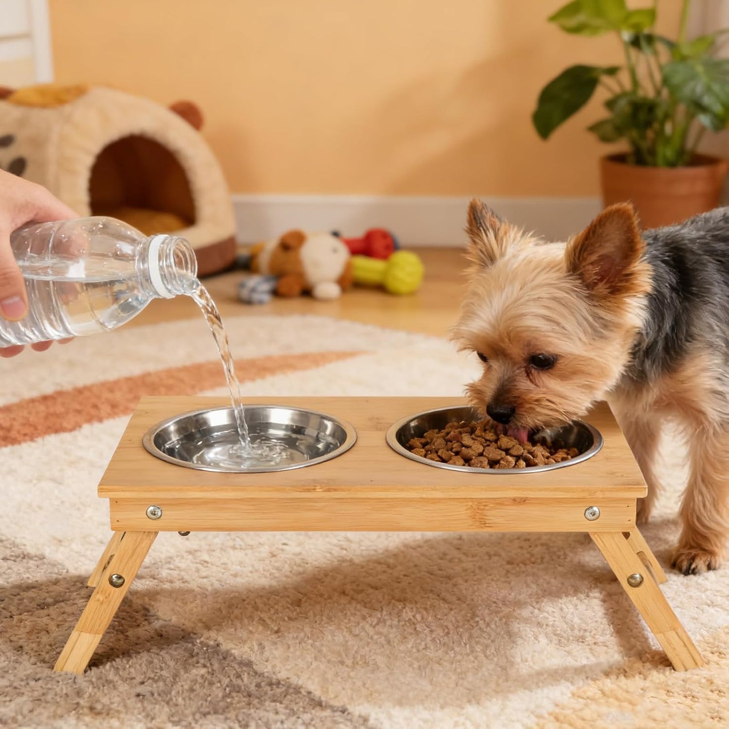 Dog Bowls Elevated,Adjustable Raised Cat Bowl Stand for Small Dogs and Cats Bamboo Pet Food Feeder with 2 Stainless Steel Dish Water Feeding Set