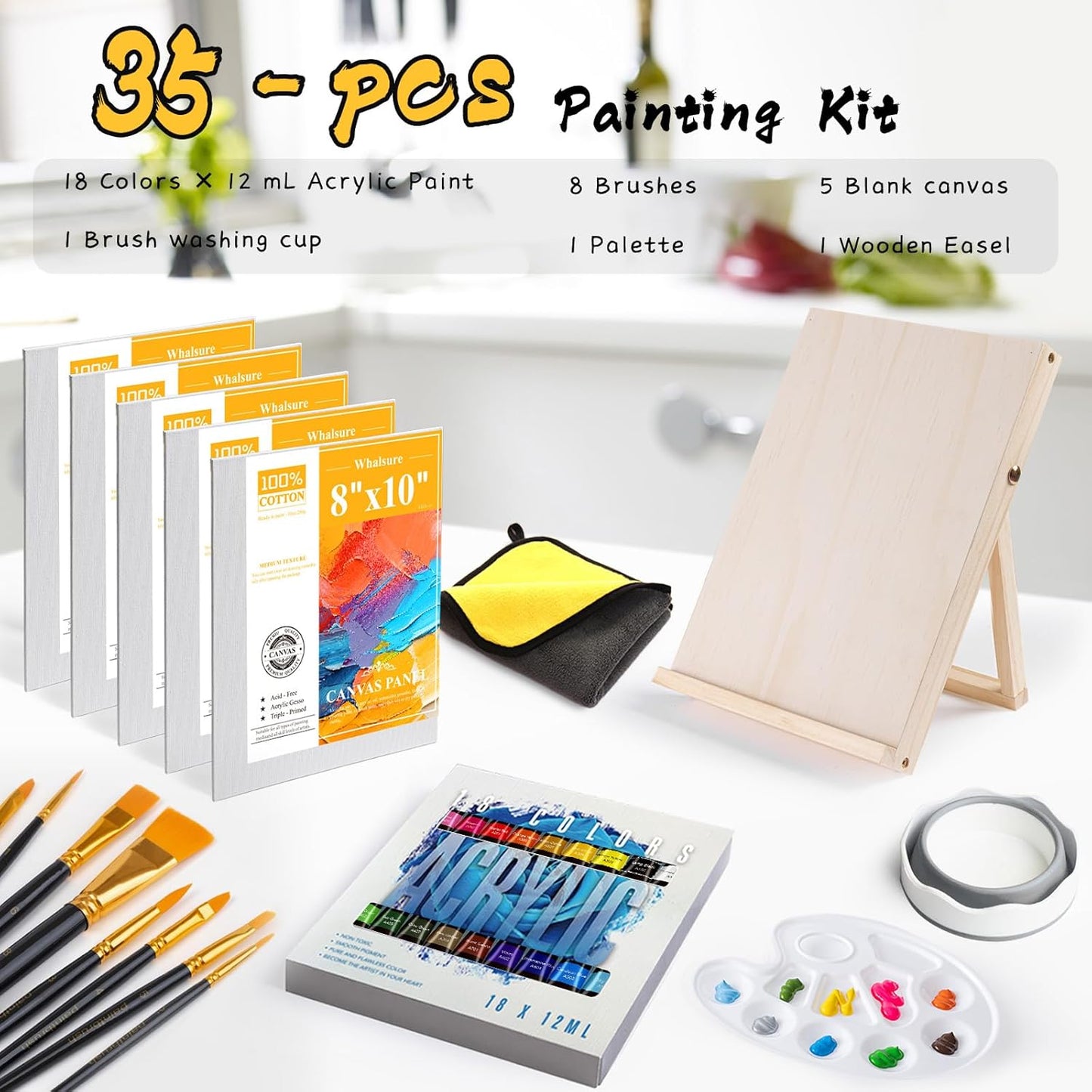 Whalsure Paint Set, Acrylic Paint Set for Kids & Adults - Painting Supplies with 18 Acrylic Paints, 8 Painting Brushes, 5 Canvas Panels, etc