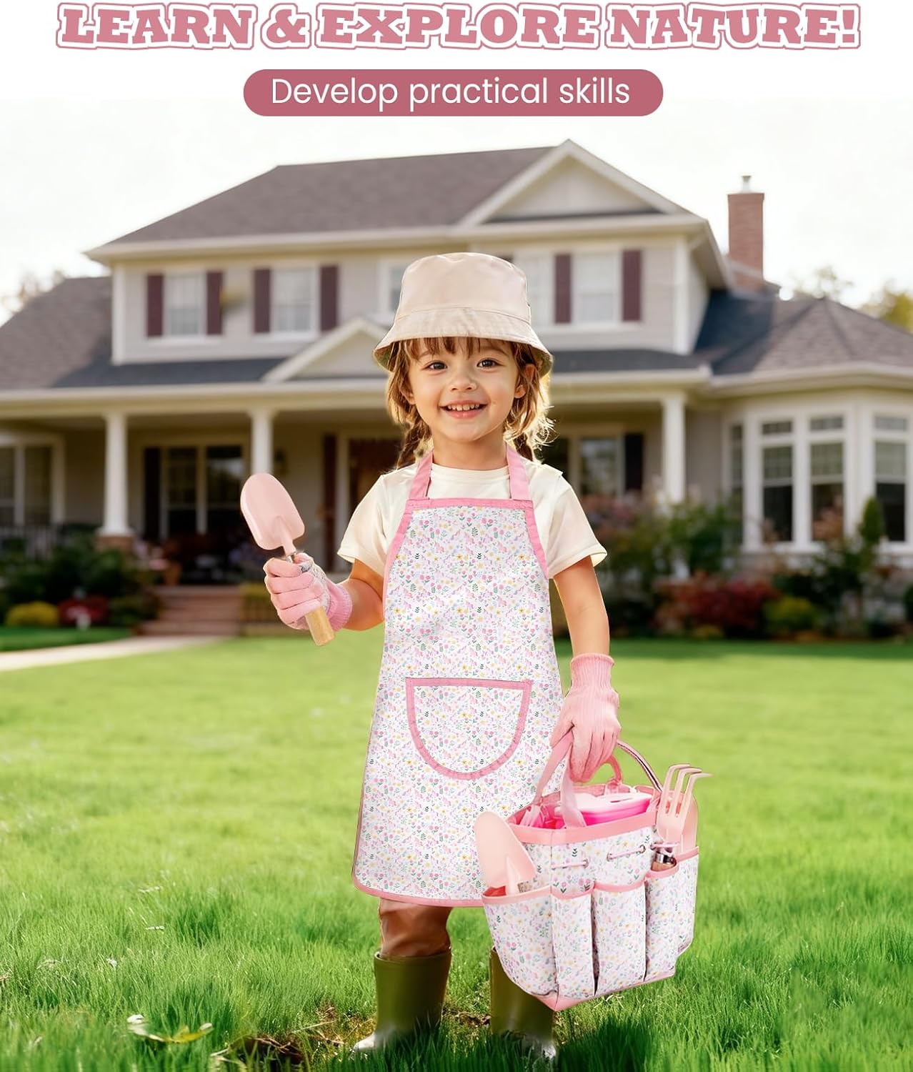 Kids Gardening Set, Gardening Tools Kit for Kids and Toddler, Includes Wooden Rake, Two Shovels, Gloves, Watering Can, Apron, and Tote Bag, Outdoor Toys for Girl Boy, Pink