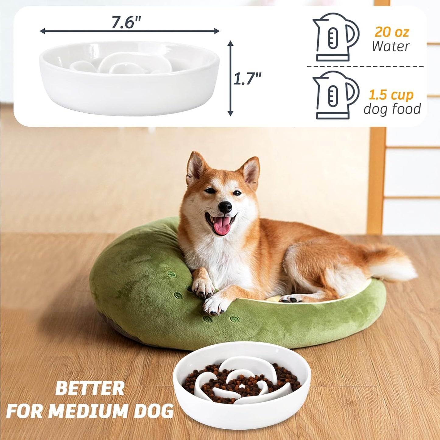 Slow Feeder Dog Bowls, 7.6inch Ceramic Dog Bowls, Fun Slow Eater Bowl for Small Medium Breed, Maze Puppy Slow Feeder for Fast Eaters to Control Eating, White