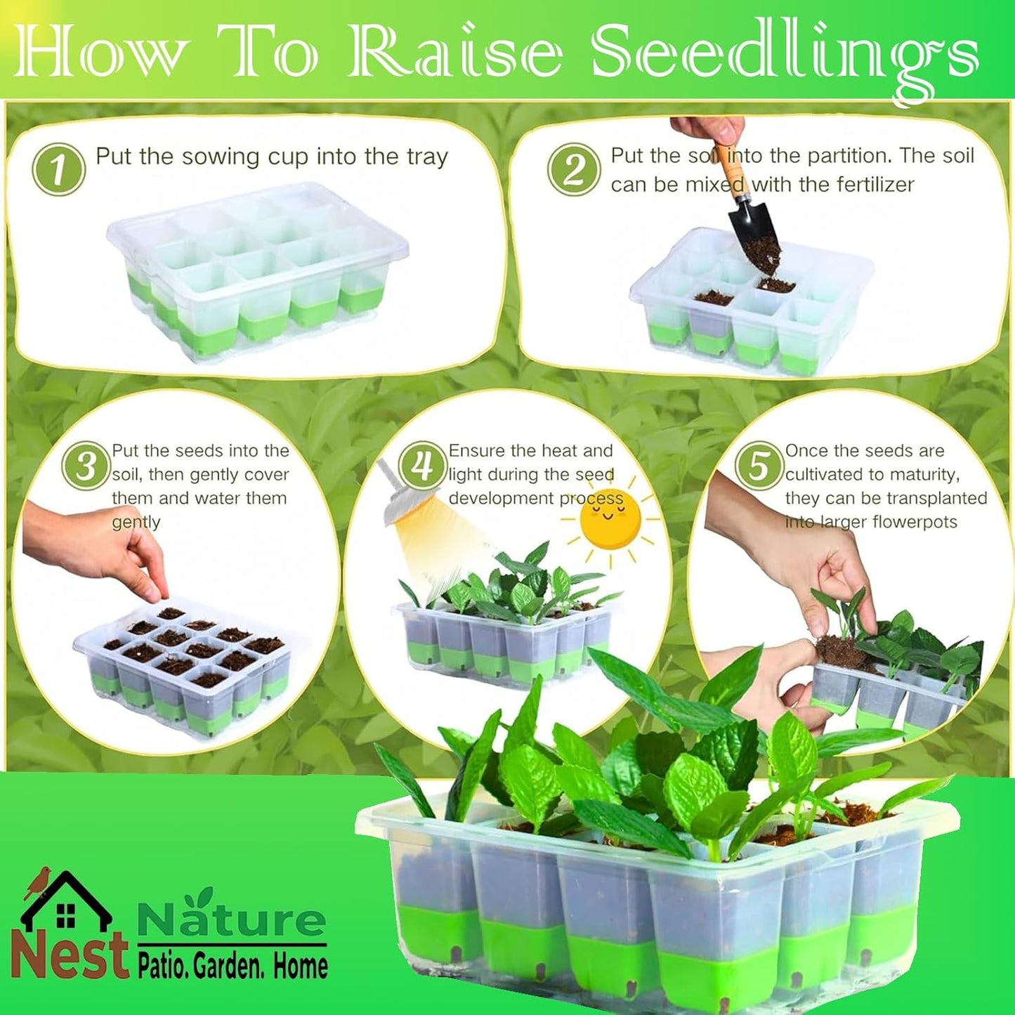 Reusable 60Cell Seed Starter Trays With Humidity Dome & Lids - 60 Cells, Flexible Pop-Out Design, BPA-Free Silicone Seedling Kit for Indoor Gardening, Greenhouse Planting, Dishwasher Safe
