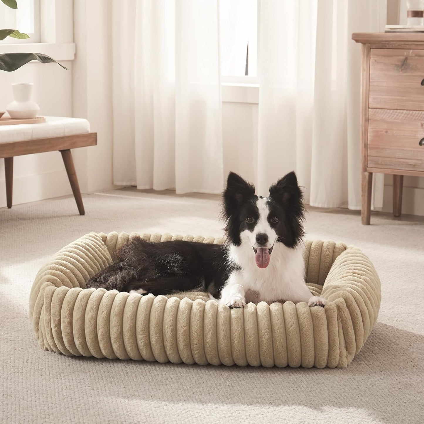 FURTIME Dog Bed Medium Size Dog, Washable Orthopedic Pet Bed with Removable Cover, Rectangle Soft Calming Sleeping Puppy Bed Durable Pet Cuddler with Anti-Slip Bottom, Beige, M Plus (30"x24"x8")