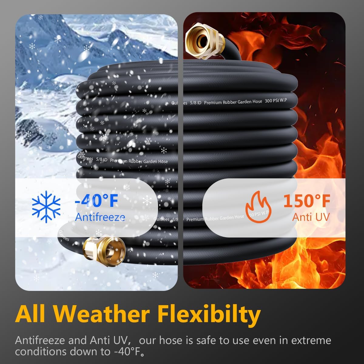 50FT 3/4 Heavy Duty Rubber Garden Hose - 300psi Working, 1000psi Burst - Hot/Cold Water - Five-Layered Braiding for Durability - Versatile for Gardening, Agriculture, Construction(Black)