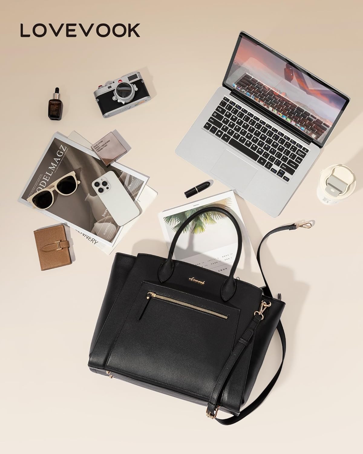 LOVEVOOK Laptop Tote Bag for Women, 15.6 Inch Large Capacity Work Bags Briefcase Purse with Multiple Pockets & Large Bottle Holder, Vegan Leather Business Office Computer Bag for Teacher, Black