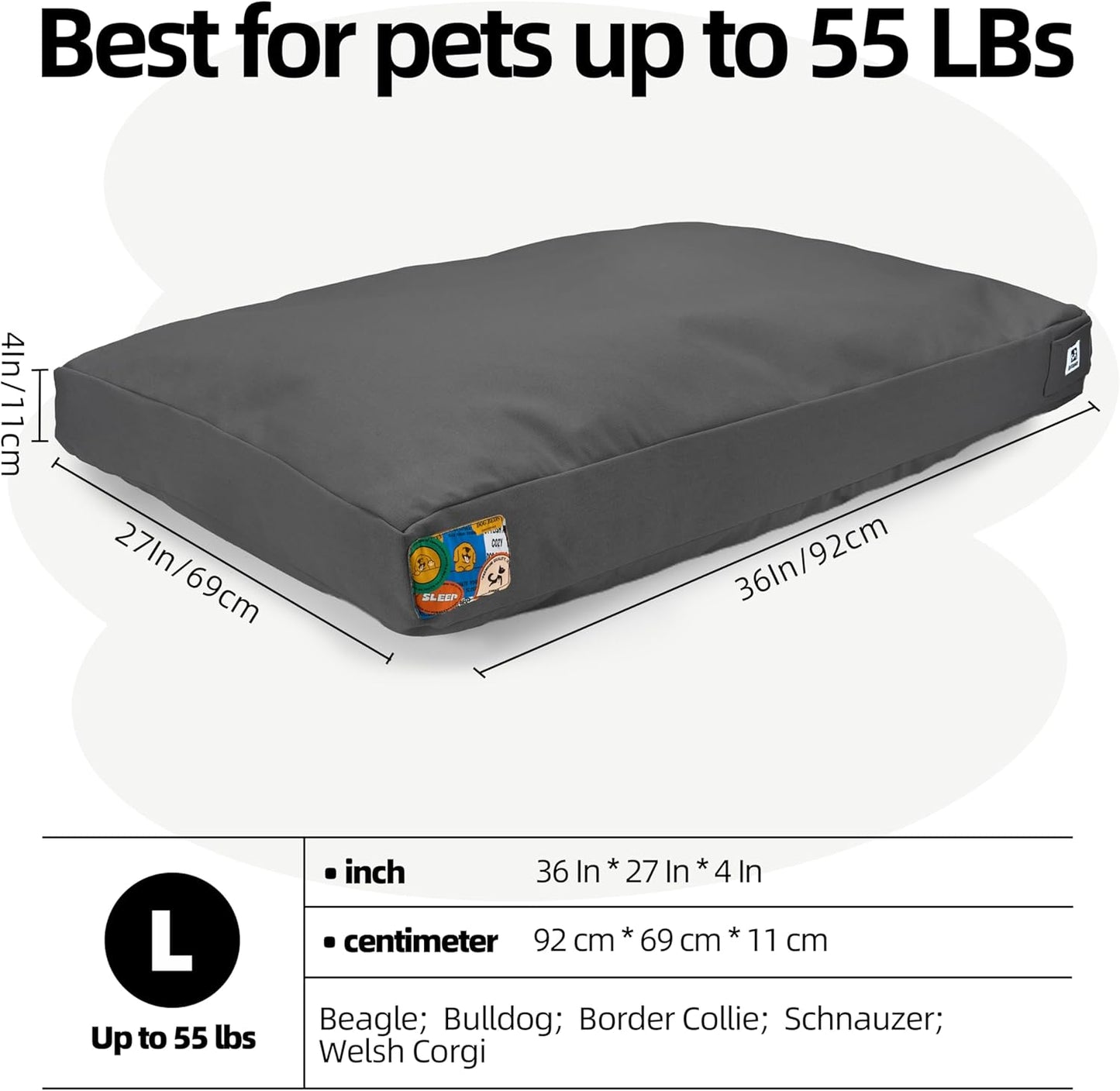 Sytopia 36 Inch Canvas Indestructible Outdoor Dog Bed for Large Dogs, Chew Proof Dog Bed with Waterproof Washable Removable Cover, Indoor Patio Pet Pad for Crate, Dark Grey