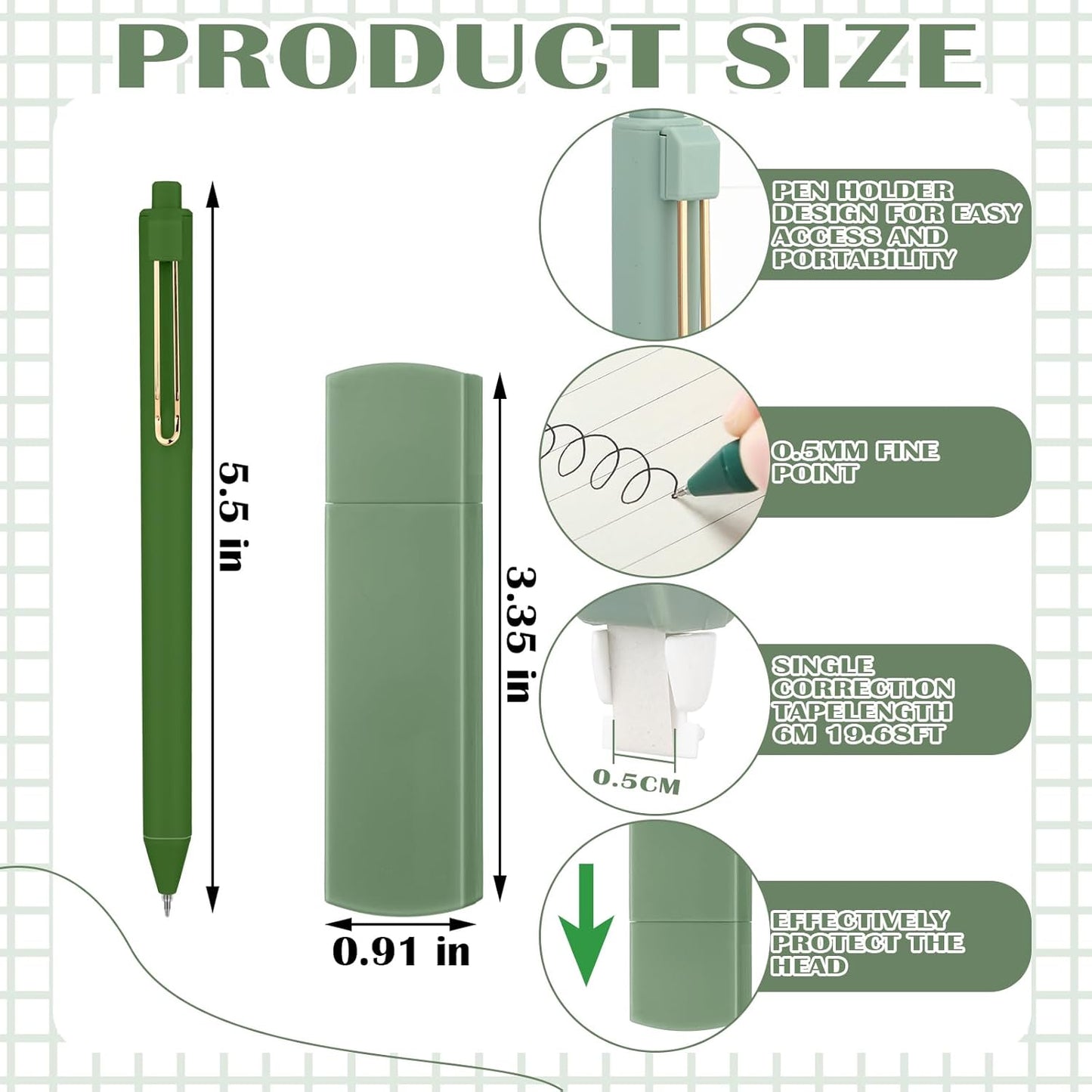 Aesthetic Stationery Set Supplies Sticky Notes Set 6 Mini Correction Tapes 6 Retractable Black Ink Pens 0.5mm Fine Point Paper Corrective Pen Self Stick Index Tabs(Green)