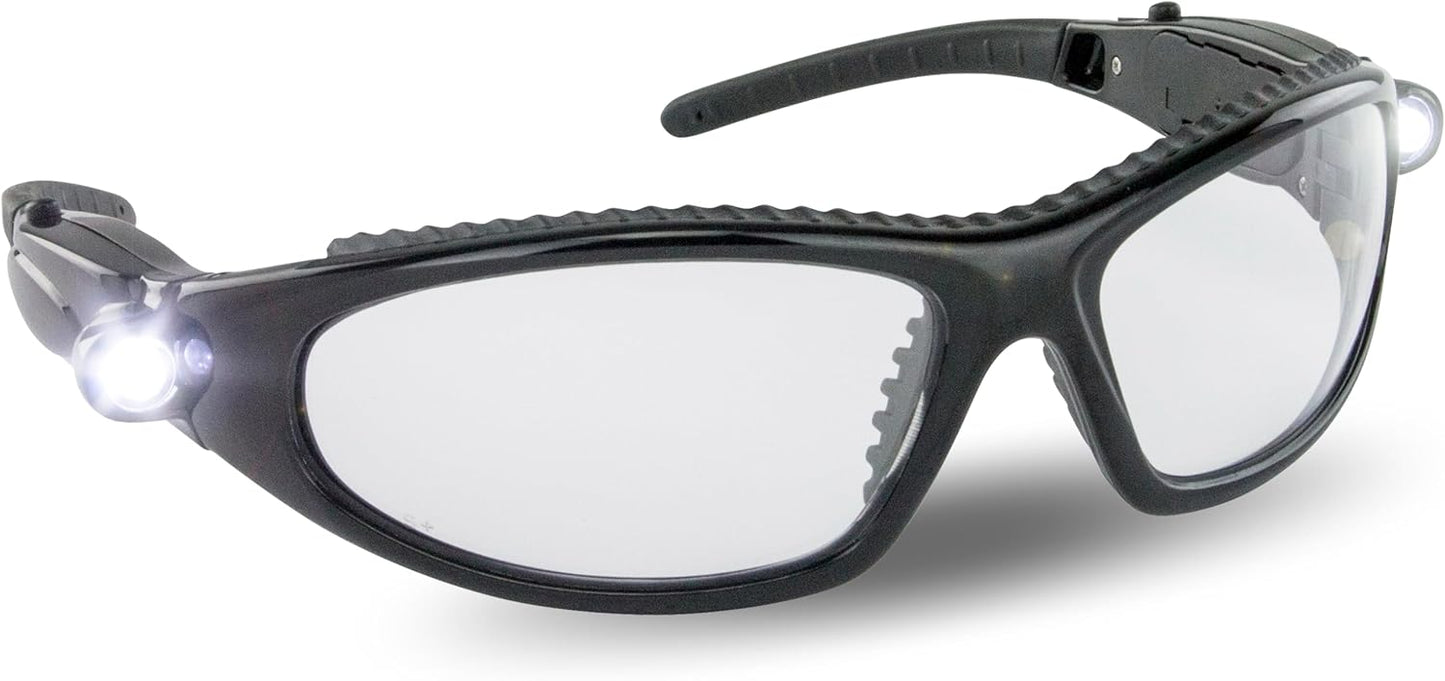 LED Inspector Safety Glasses | Protective Eyewear | Black Frame, Polycarbonate Clear Frames | Low to High Impact | Built-In LED Lights | 99.9% UV Protection | Woodworking, Construction, Mechanic