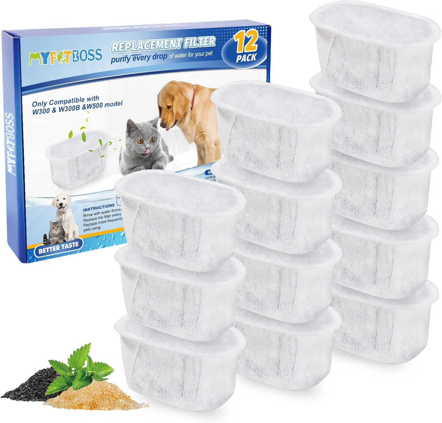 10 Pack Cat Water Fountain Filter Replacement Fit for W300&W300B&W500 Water Fountains 67oz/2L & 71oz/2.1L & 118oz/3.5L Automatic Pet Fountain