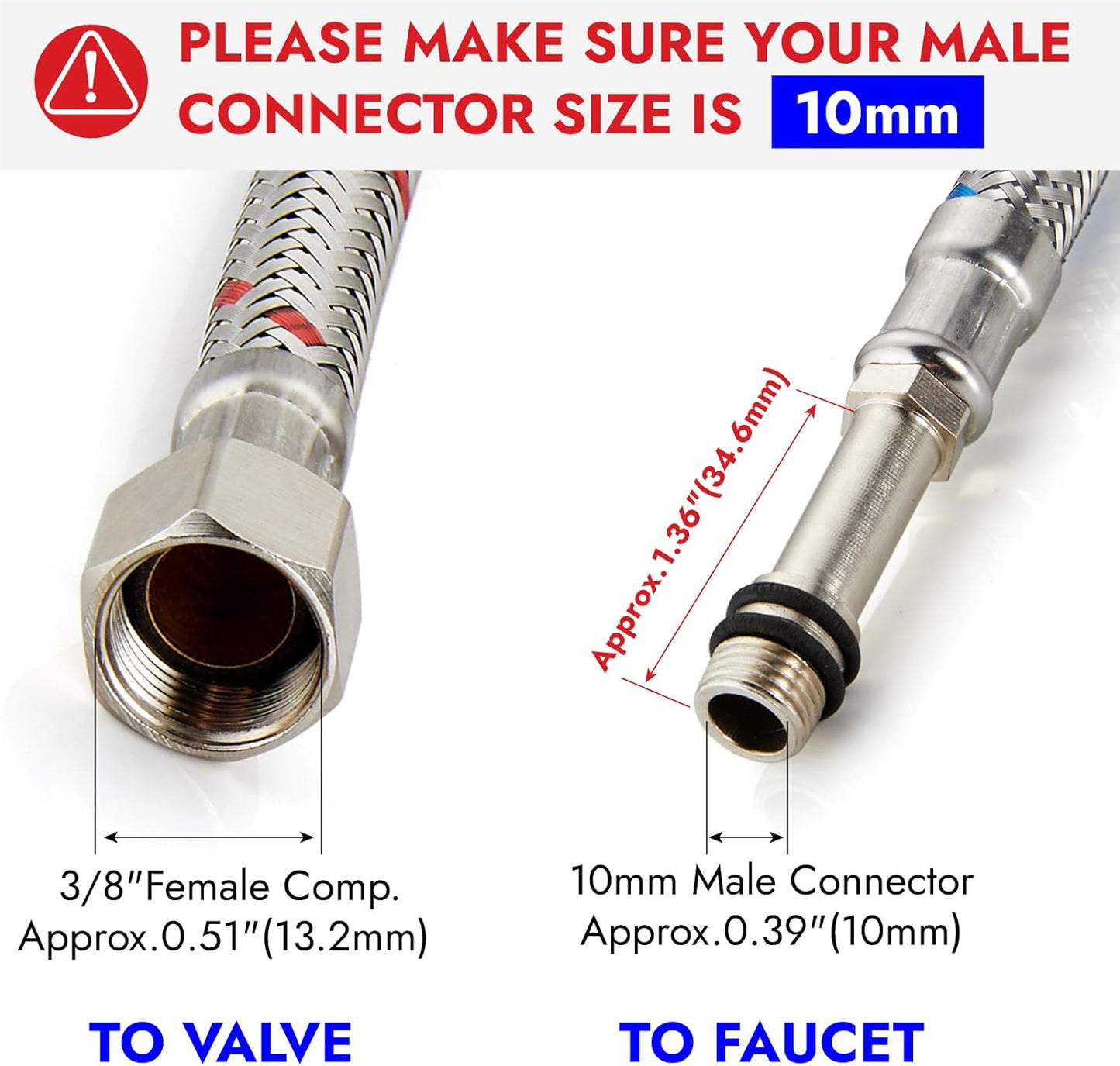 Midanya 32-Inch Long Faucet Water Supply Lines, Braided Stainless Steel Supply Hose 3/8-Inch Female Compression Thread x M10 Male Connector, x 2 Pcs (1 Pair)