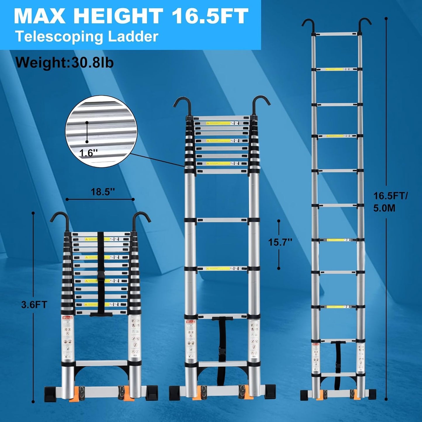 16.5 FT Telescoping Ladder with Hooks, Adjustable Multi-Purpose Collapsible Extension with Stabilizers & Wheels, Heavy Duty 330 lbs Max Capacity, Ideal for Home and Outdoor Work, Silver