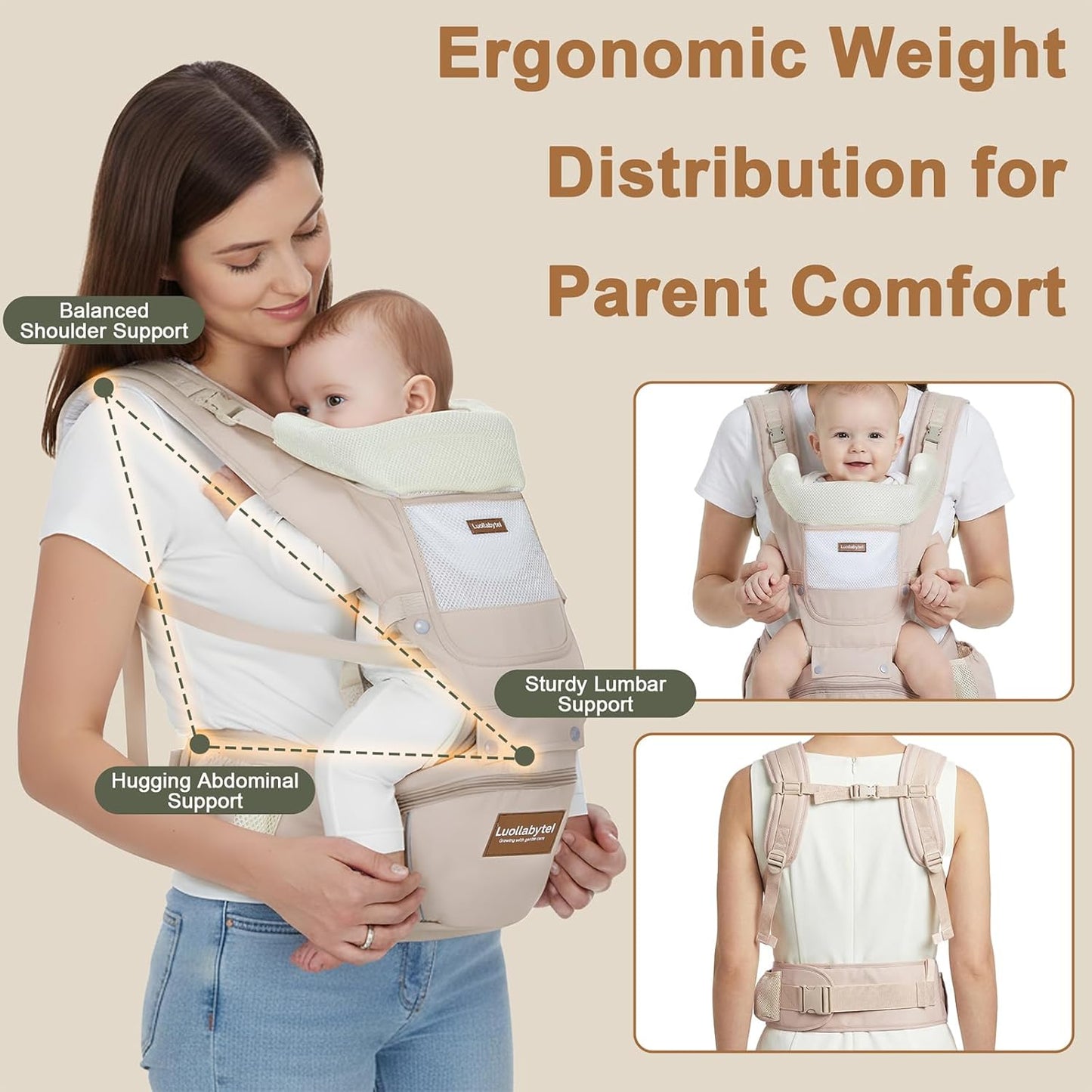 Baby Carrier with Hip Seat, 6-in-1 Baby Carrier Newborn to Toddler, Adjustable Detachable Infant Toddler Carrier, Hands-Free Baby Holder, All Seasons, Perfect for Shopping Travelling (Khaki)