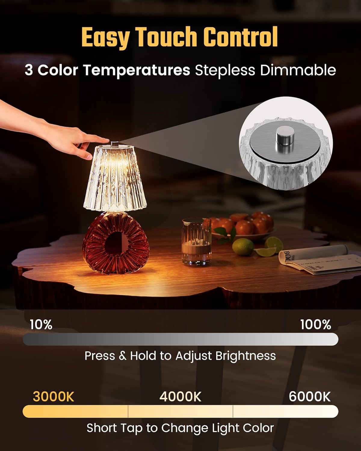 Wireless Bottle Lamp USB Rechargeable with Crystal Lampshade, 3-Color Touch Control Bottle Light Smooth Dimming, Wine Bottle Lamp for Bar Décor, Home, Kitchen & Party Lighting, 2-Pack