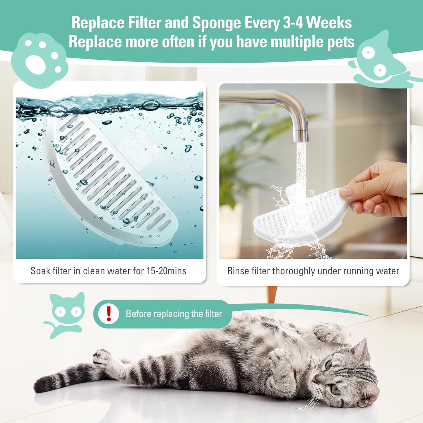 6 Pack Replacement Filters & 12 Pack Filter Sponges for 67oz/2L Wireless Automatic Pet Fountain, BFLICROY Cat Water Fountain Filter, Pet Water Fountain Filters with 6 Layers Filtration System