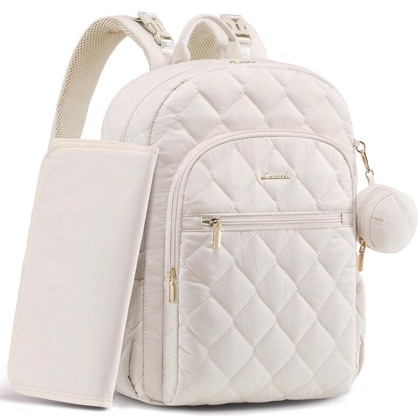 LOVEVOOK Diaper Bag Backpack,Puffer Quilted Baby Diaper Bag with Insulated Pockets,Travel Diaper Backpack for Boys Girls with Changing Pad,Water-Resistant Baby Bag for Mom Dad,Beige