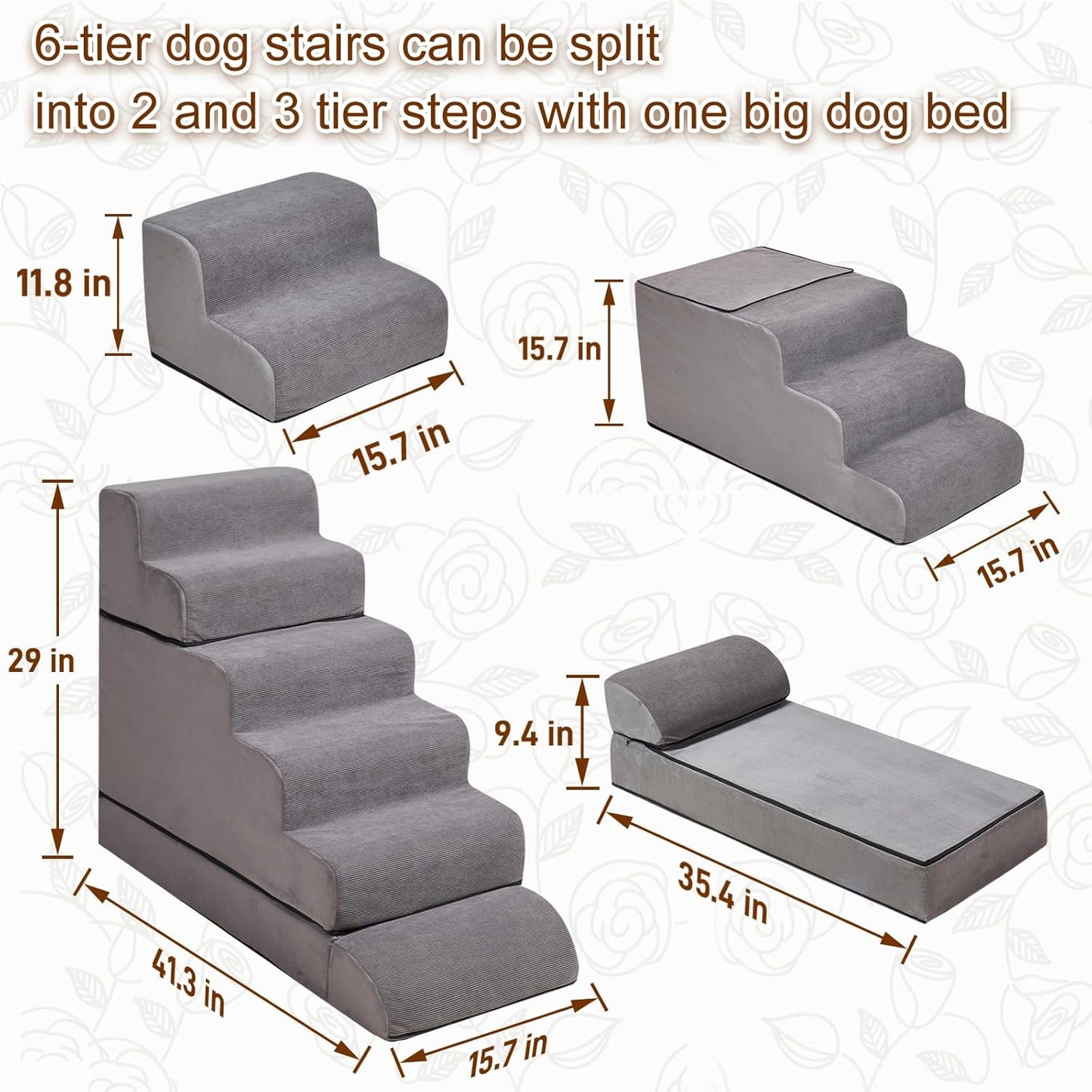 Dog Stairs for High Beds Up to 24-30"，Non-Slip 6 Steps Pet Stairs for Small Medium Dogs & Senior Cat，Washable Cover