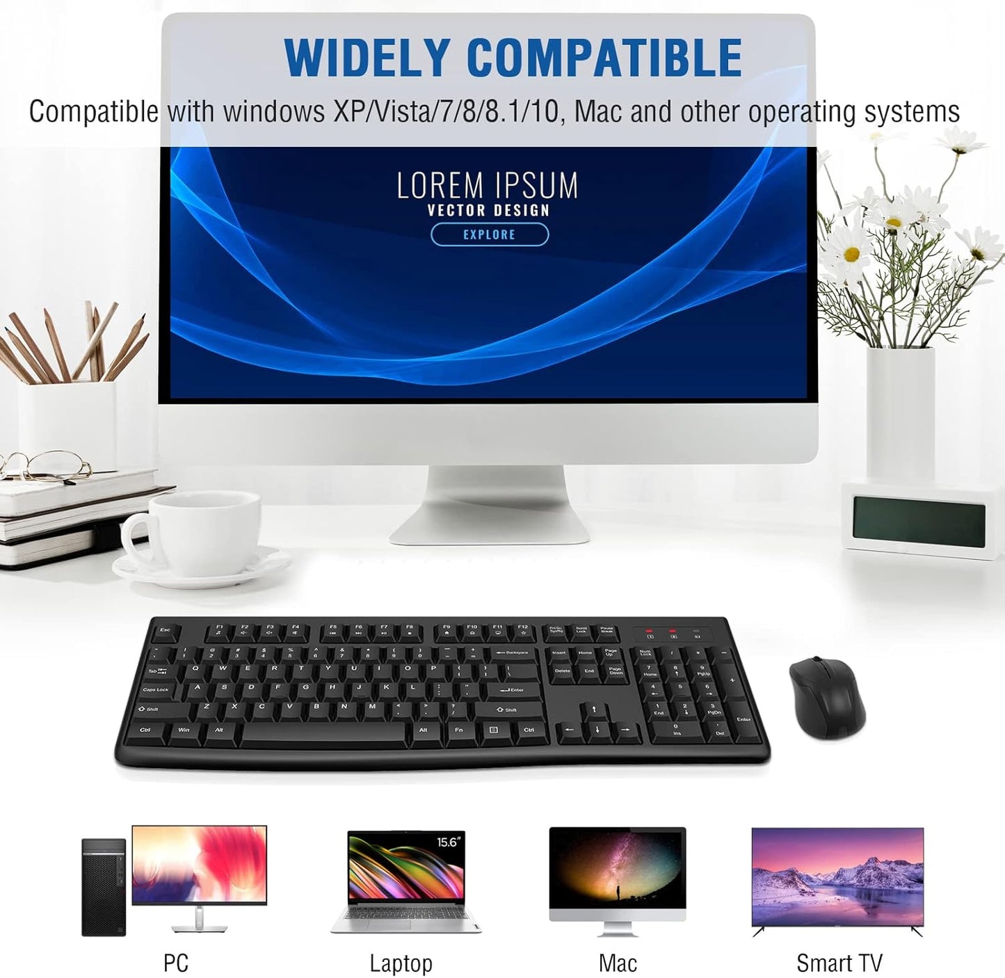 Wireless Keyboard and Mouse Combo, EDJO Full-Sized 2.4GHz USB Computer Wireless Keyboard and Optical Mouse for Windows, Mac, Laptop/Desktop/PC